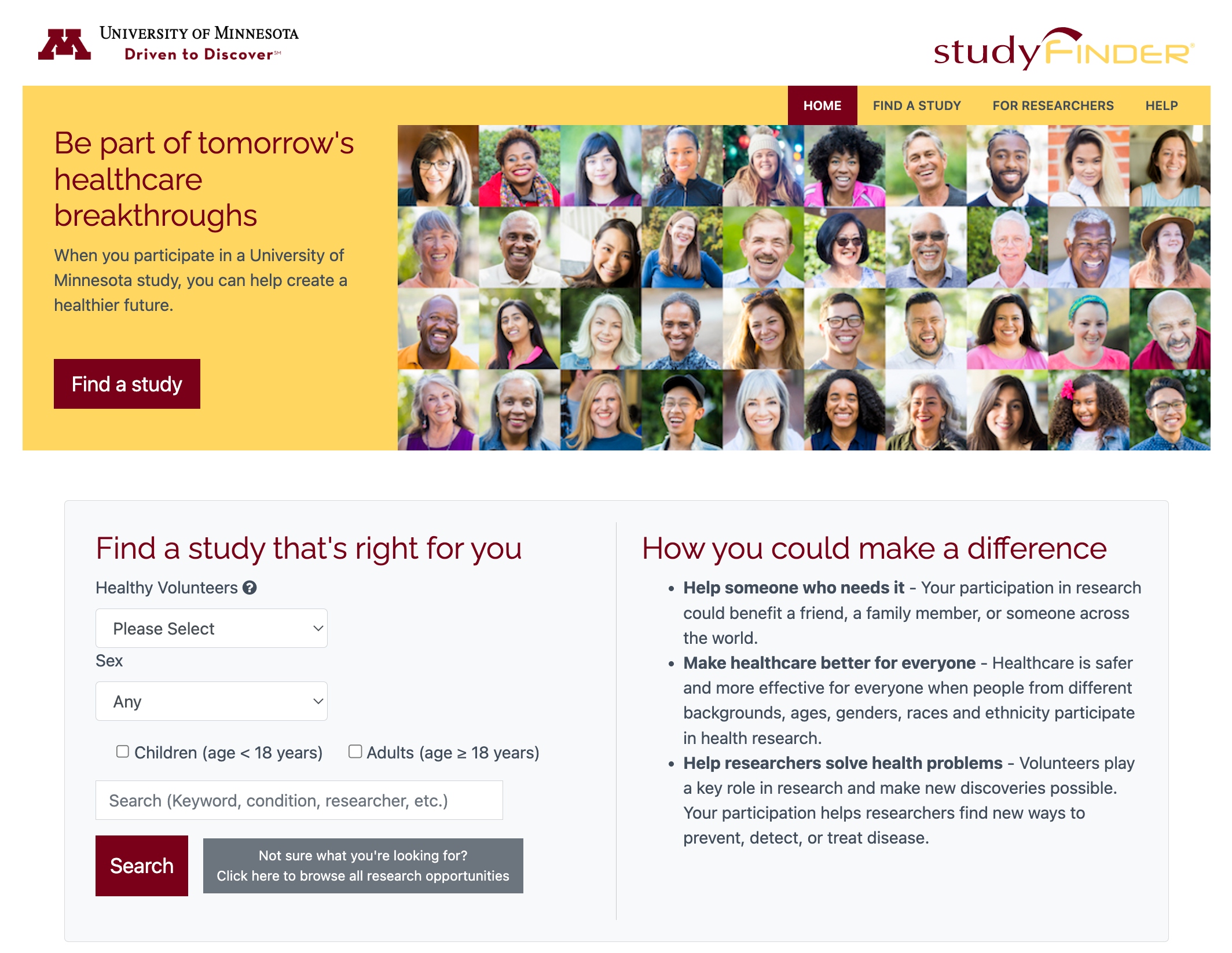 StudyFinder homepage